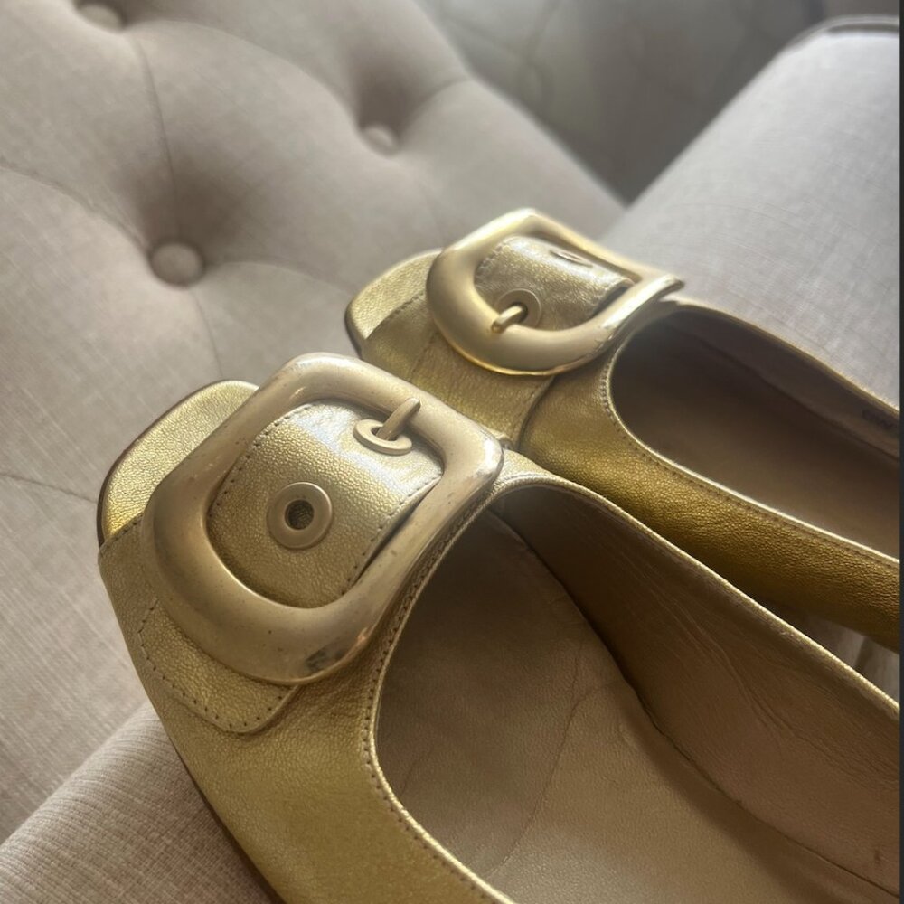 Stuart Weitzman Gold Buckle Peep Toe